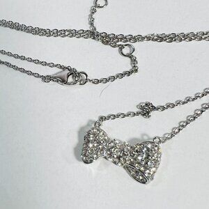 925 Silver Necklace Rhinestones Pave' Bow Pendant Jewelry 16+2" Silver Chain